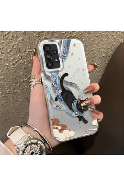 quırkshıeld Samsung Galaxy A73 Uyumlu Zarif Çin Stili Siyah Kedi Tasarımı Aşınmaya Dayanıklı Korumalı Kılıf