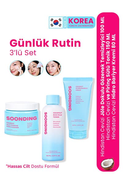 SOONDING Temizleme ve Nemlendirme Kore Cilt Bakım Seti 3’lü – Yüz Temizleyici 100 ml + Hindistan Cevizi ve Pirinç Sütü Tonik Milk Toner 150 ml+ Hidro Bariyer Krem 80 ml