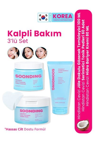 SOONDING Kalpli Tonik Pedli Kore Cilt Bakım Seti 3’lü – Yüz Temizleyici 100 ml + Serinletici Kalpli Tonik Ped 60 Adet + Hidro Bariyer Krem 80 ml