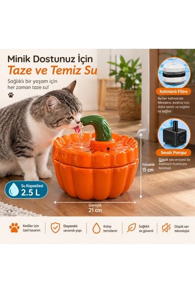 Nokta Otomatik Seramik Kedi Su Pınarı 2.5 Lt | Seramik Su çeşmesi | Seramik Su Sebili |– Sessiz Pompa, 3 Katmanlı Filtre, Büyük Boy, Makinada yıkamaya uygun, Kolay temizlik Bal Kabağı Desenli