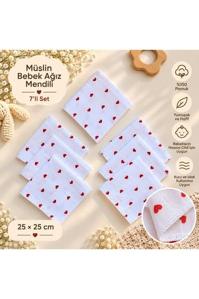Genel Markalar 7’li Müslin Bebek Ağız Salya Mendili 25x25cm 100% Pamuk - Kırmızı Kalp Desenli