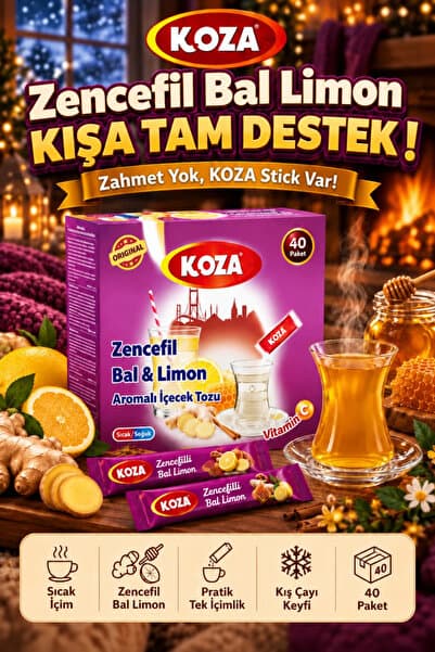 Koza Kışa Tam Destek Zencefil Bal Limon Aromalı C Vitaminli Hazır Kış Çayı Gurmelerin Seçimi Pratik Lezzet Sertifikalı Kalite Güvencesi Tek İçimlik Zahmetsiz Keyif Premium Oralet İçecek Tozu - 40 Stick
