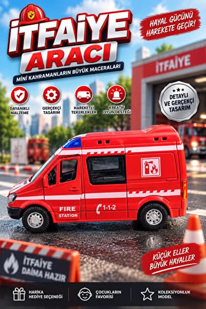 viyol marketim Sesli Işıklı Çek Bırak İtfaiye Minibüsü 15 cm – 1:32 Die Cast Metal Oyuncak Araç, Açılabilir Kapılı