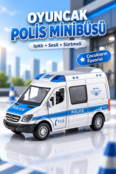 viyol marketim Sesli Işıklı Çek Bırak Polis Minibüsü 15 cm – 1:32 Die Cast Metal Oyuncak Araç, Açılabilir Kapılı