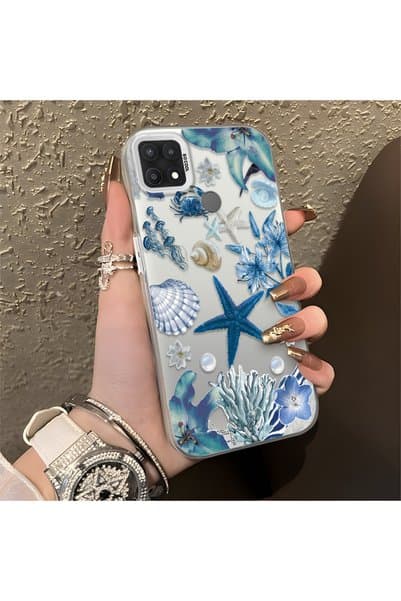 PATTERNOVA Oppo A15/A15S Uyumlu Rahatlatıcı Deniz Kabuk Mercan Yıldız Desenli Kaymaz Korumalı Kılıf
