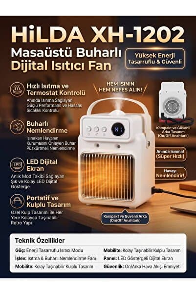 NovMark XH-1202 Dijital Göstergeli Buharlı Nemlendiricili Mini Masaüstü Isıtıcı ve Portatif Fan