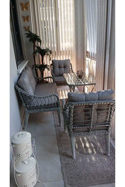 Tu Tienda MİNİMAL BALKONLAR ÖZEL KAŞ GALVANİZ 2+1+1+SEHPA BAHÇE BALKON MOBİLYASI,GRİ RATTAN/GRİ KUMAŞ