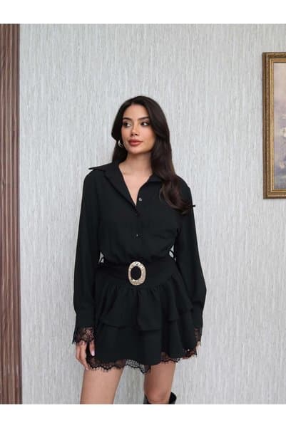 ESRAHELVACI Gömlek Yaka Dantel Detay Mini Elbise