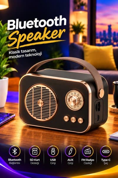 Platoon PL-4641 Bluetooth, SD, USB Girişli Bluetooth Destekli Type-C Speaker