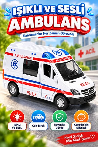 viyol marketim Sesli Işıklı Çek Bırak Ambulans Minibüsü 15 cm – 1:32 Die Cast Metal Oyuncak Araç, Açılabilir Kapılı