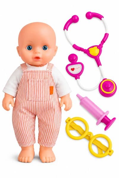 Roy Toy Sevimli Doktor Bebeğim 30 Cm. | Steteskop, Gözlük, Ateş Ölçer, Şırınga Doktor Seti