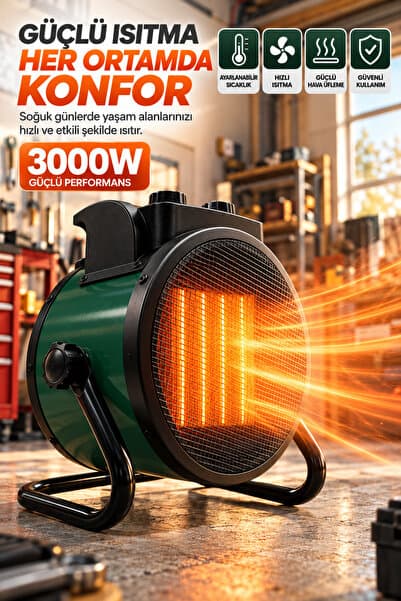 Happy Owl 3000W Elektrikli Fanlı Isıtıcı PTC Seramik Sanayi Tipi Sıcak Hava Üfleyici Termostatlı Taşınabilir Isıtıcı