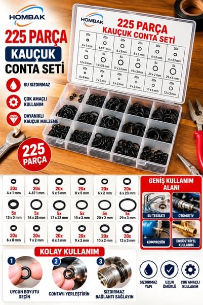 Hombak Endüstriyel 225’li Conta Seti Sızdırmazlık Çözümü Tek Kutuda Musluk Araç Motor
