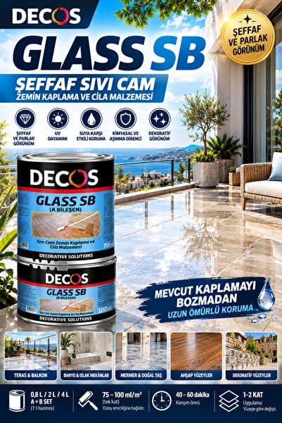 DECOS Glass SB - Şeffaf Sıvı Cam Su Yalıtım Malzemesi – Seramik, Fayans, Balkon ve Teras İçin Parlak Zemin Kaplama ve Cila – 2 Bileşenli
