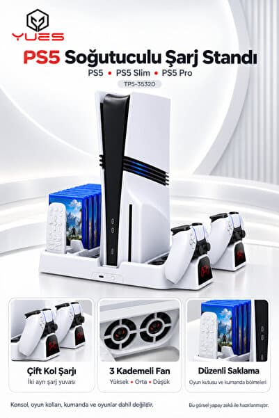 YUES PS5 Soğutucu Şarj Standı PS5 Slim PS5 Pro Uyumlu Çift Kol Şarj 3 Kademeli Fan LED Oyun Yuvası