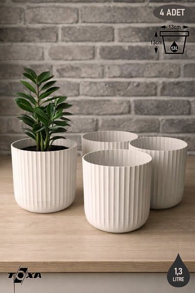 ToXA 1,3 Litre Bej Sütun Saksı Seti (13 cm) Kendinden Tabaklı Drenajlı Plastik Çiçek Saksısı