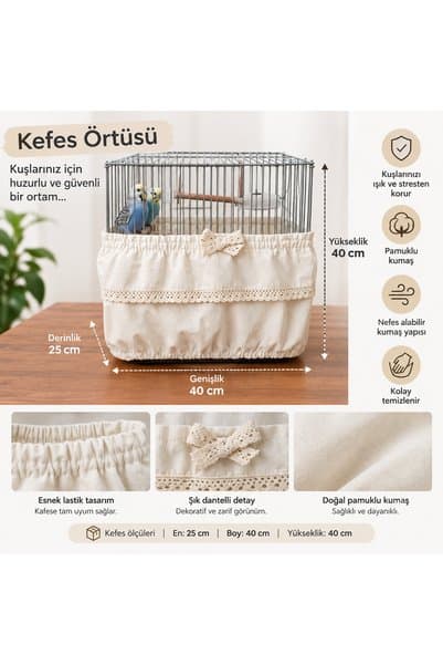 VİSKOYAT Dantel Detaylı Lastikli Kuş Kafesi Örtüsü - 30x40x25 cm