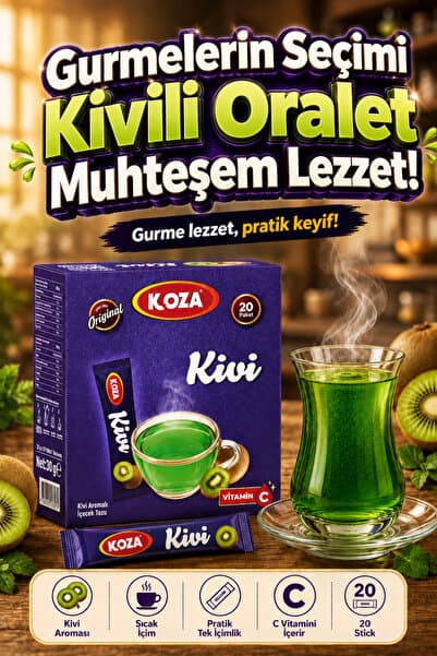 Koza Gurmelerin Seçimi Pratik Kivili Oralet Tek İçimlik Hazır Çay Sıcak İçecek Sertifikalı Kalite Güvencesi Zahmetsiz Keyif C Vitaminli Premium Lezzet Kivi Oralet İçecek Tozu - 20 Stick