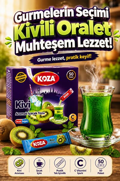 Koza Gurmelerin Seçimi Pratik Kivili Oralet Tek İçimlik Hazır Çay Sıcak İçecek Sertifikalı Kalite Güvencesi Zahmetsiz Keyif C Vitaminli Premium Lezzet Kivi Oralet İçecek Tozu - 50 Stick