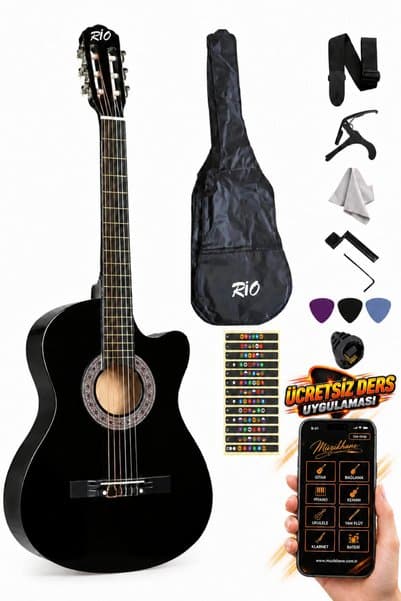 müzikhane Kesik Kasa Siyah Klasik Gitar Sap Ayarlı 4/4 Tam Boy Kılıf Askı Pena Kapo Çevirici Bez ve Ücretsiz Uygulama