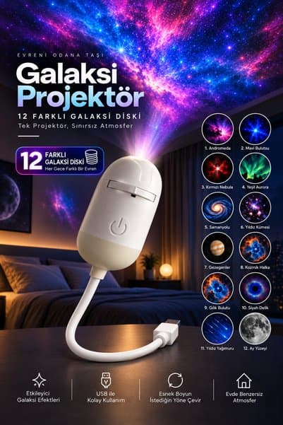 Omaze 12 Farklı Efektli USB Galaksi Yıldız Projektörü Esnek Başlıklı Uzay ve Kuzey Işıkları Gece Lambası