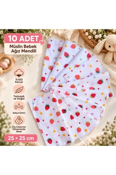 Genel Markalar 10’lu Müslin Bebek Ağız Mendili 25x25cm 💯 Pamuk - Fuşya ve Pembe Çilek Desenli