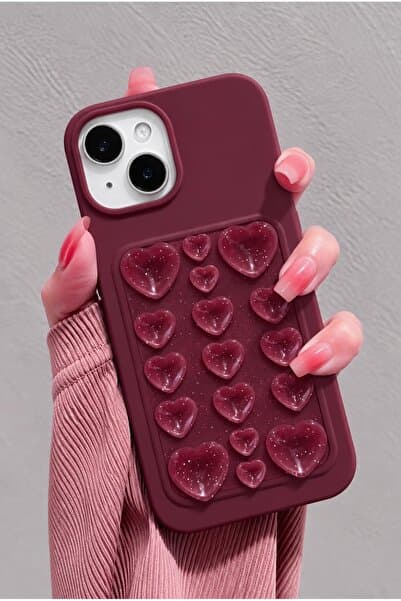KVK PRİVACY iPhone 13 / 14 / 15 Uyumlu Premium Kendinden Vakumlu İçi Kadife 3D Simli Kalp Desenli Soft Silikon Telefon Kılıfı – Bordo