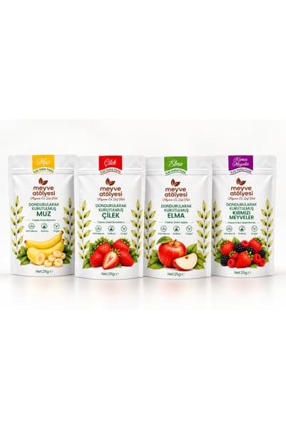 Meyve Atölyesi Dondurularak Kurutulmuş Kırmızı Meyveler, Çilek, Elma ve Muz 4'lü Paket (4x25 gr)