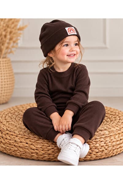 BAHNUR Unisex Bebek Ve Çocuk KAHVERENGi Fitilli Kaşkorse Uzun Kollu Alt Üst Takım Ve Bere 3'lü Set