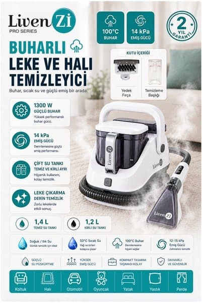 Livenzi JJB-747-A Buharlı Koltuk Halı Yıkama Ve Leke Çıkartma Makinesi-Beyaz