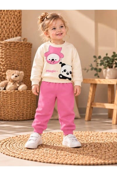 Organic Product DimpleBaby 0-24 Ay Unisex Bebek Panda Baskılı Sweatshirt ve Jogger Pantolon 2’li Takım