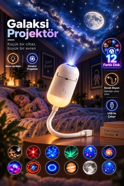 Weskam 12 Diskli Galaksi Projektör Gece Lambası, Ay Yıldız Uzay Yansıtıcı, Esnek Boyunlu USB LED Oda Atmosfer Işığı 2'si 1 Arada Ambiyans Işık