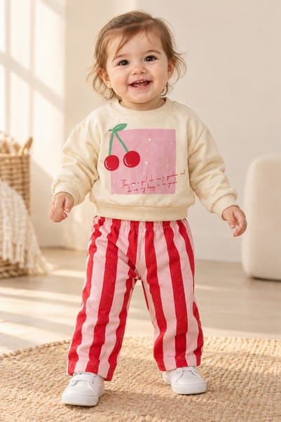 dinamik çocuk Kız Bebek Kiraz Baskılı Sweatshirt Pembe Kırmızı Çizgili Eşofmanlı 2'li Alt Üst Takım 9-24ay