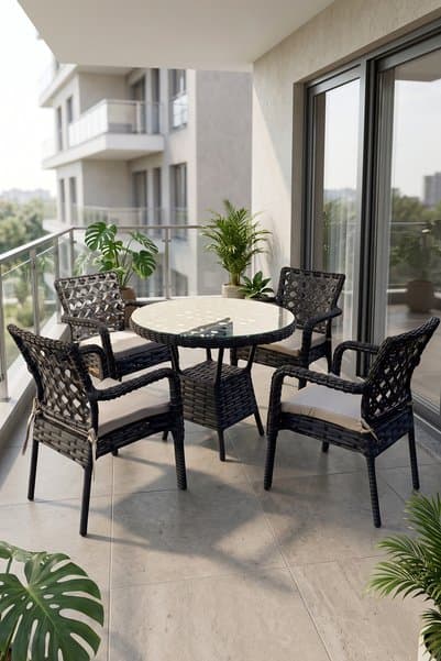 Canisa Eterna Serisi 1.Sınıf 4 Adet Tekli Siyah Rattan Gri Minder Bahçe Balkon Takımı