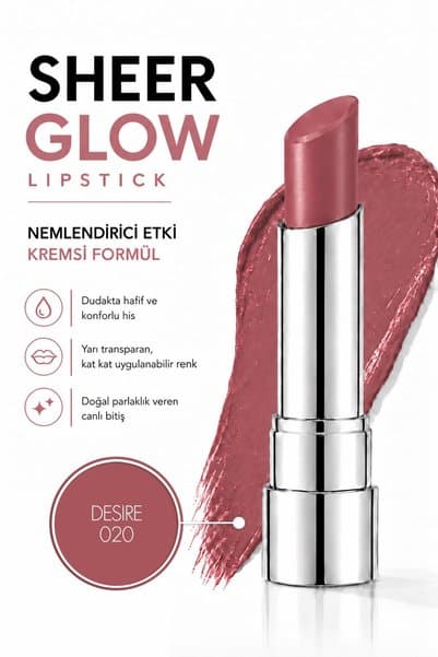 Pierre Cardin Sheer Glow Lipstick - Parlak Bitişli Nemlendirici Ruj - Desire - 020