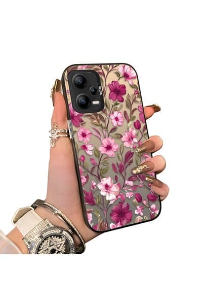CHICASELUX Poco X5 Uyumlu Bordo Pembe Çiçek Desenli Telefon Kılıfı Darbeye Dayanıklı