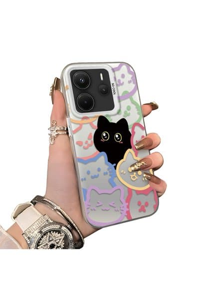 CHICASELUX Redmi Note 14 4G Uyumlu Renkli Çizgi Kedi Figür Telefon Kılıfı Darbe Emici Koruyucu Kasa