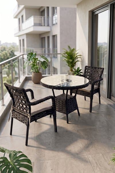 Canisa Eterna Serisi 1.Sınıf 2 Adet Tekli Siyah Rattan Gri Minder Bahçe Balkon Takımı