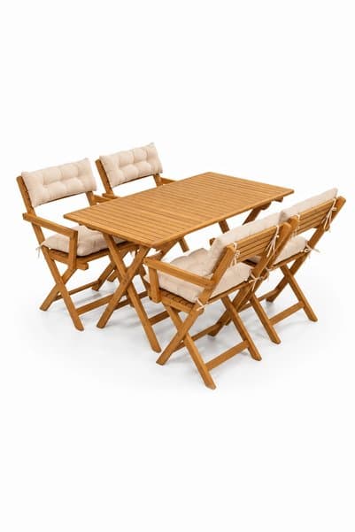 Meya Dekor 4+1 Kollu Bistro Balkon Teras Bahçe Masa Sandalye Seti Krem Minderli 120x70 masa