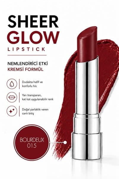 Pierre Cardin Sheer Glow Lipstick - Parlak Bitişli Nemlendirici Ruj - Bourdeux - 015