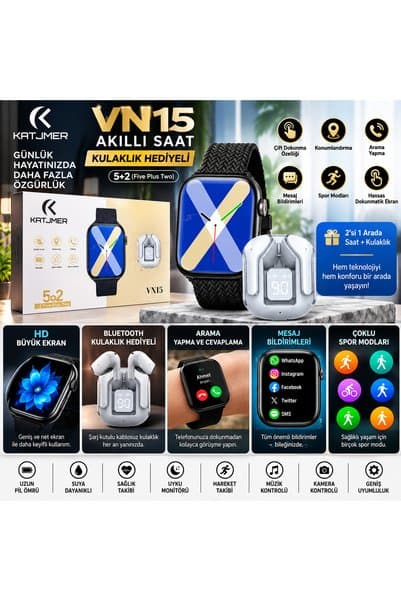 KAT KATJMER VN15 Akıllı Saat Kulaklık Hediyeli – Bluetooth Arama, Spor Modları ve Dokunmatik Ekran