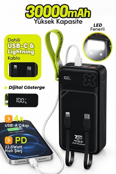 7GO GPW-12 30000 mAh 22.5W Hızlı Şarj Powerbank – Dahili Type-C ve Lightning Kablolu, Dijital Ekranl