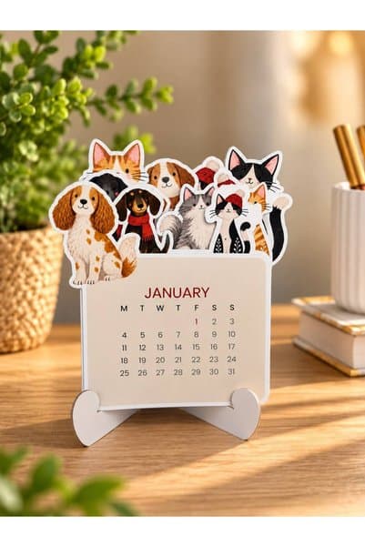 VitaPaw 2027 Ayaklı Sevimli Kedi&Köpek Mini Özel Tasarım, Masaüstü Takvim- Yeni Yıl * 6 Adet Sticker Hediyeli