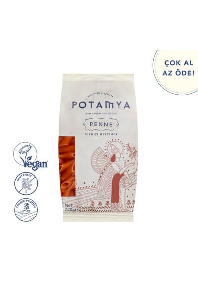 POTAMYA Glutensiz Yüksek Proteinli Kırmızı Mercimek Penne 240g