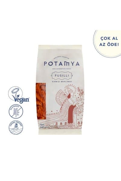 POTAMYA Glutensiz Yüksek Proteinli Kırmızı Mercimek Fusilli 240g
