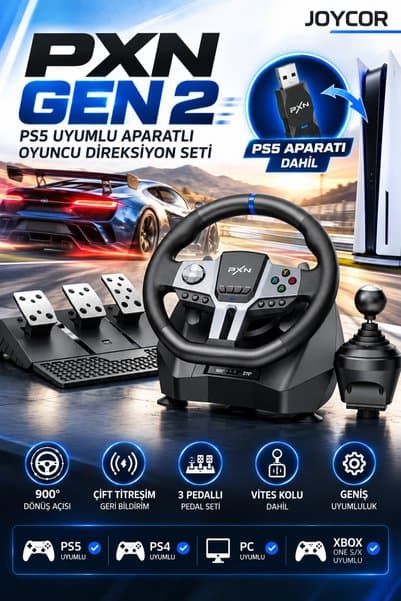 JOYCOR PXN GEN 2 PS5 Uyumlu Aparatlı Oyuncu Direksiyon Seti 3 Pedallı Vites Kollu PS4 PC Xbox One S/X Uyumlu