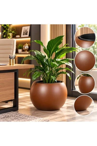 PUR BELLA Büyük Dekoratif Saksı Kahverengi Küre Model Salon ve Ofis İç Mekan Bitki Saksısı