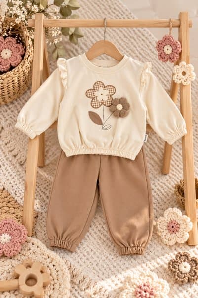 Minelia Kids Kız Bebek %100 Pamuk Çiçek Nakışlı Fırfırlı Üst ve Jogger Pantolon 2’li Şardonsuz Takım 6-24 Ay