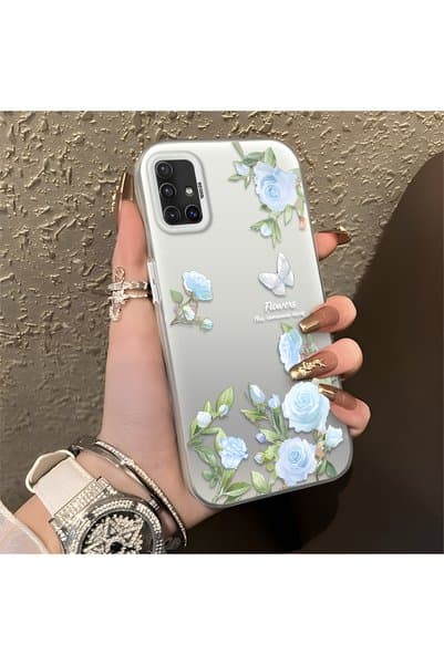 quırkshıeld Samsung Galaxy A51 4G Uyumlu Açık Mavi Gül Baskılı Kılıf, Uzun Ömürlü, Romantik