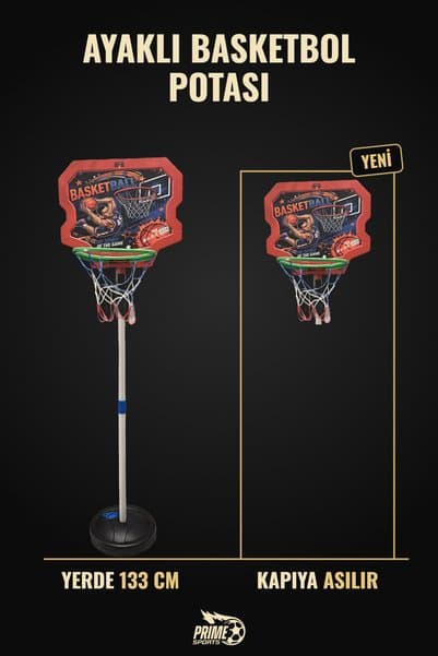 PRIME SPORTS Ayaklı Çocuk Basketbol Potası 133 cm Kapıya Asılabilir Su Hazneli Top Dahil
